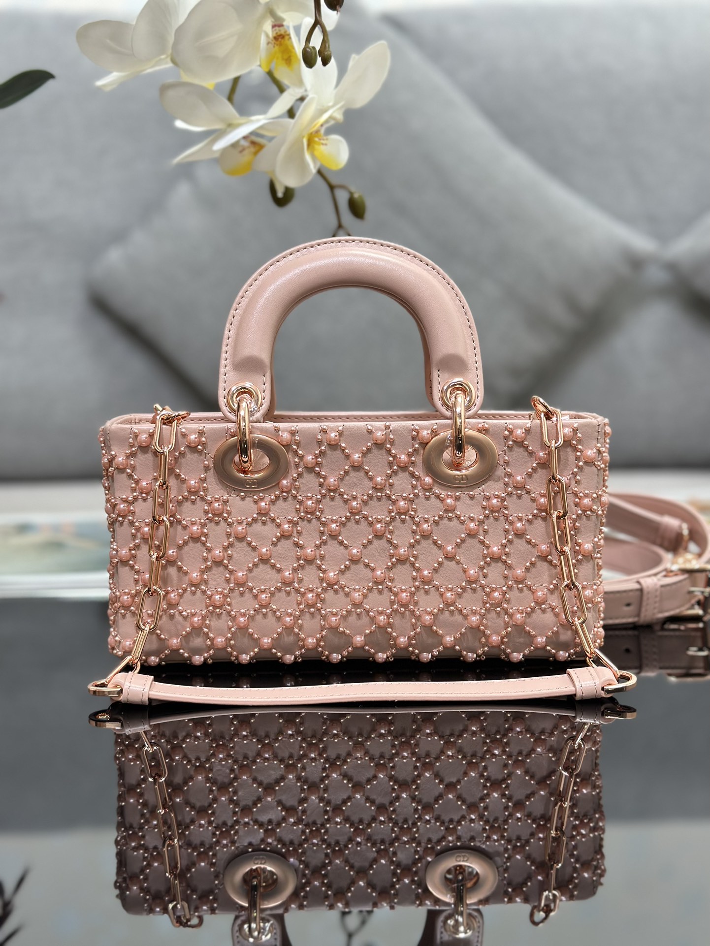 Small Lady D-Joy Bag Pink Calfskin Embroidered with Rose Gold Pearl 